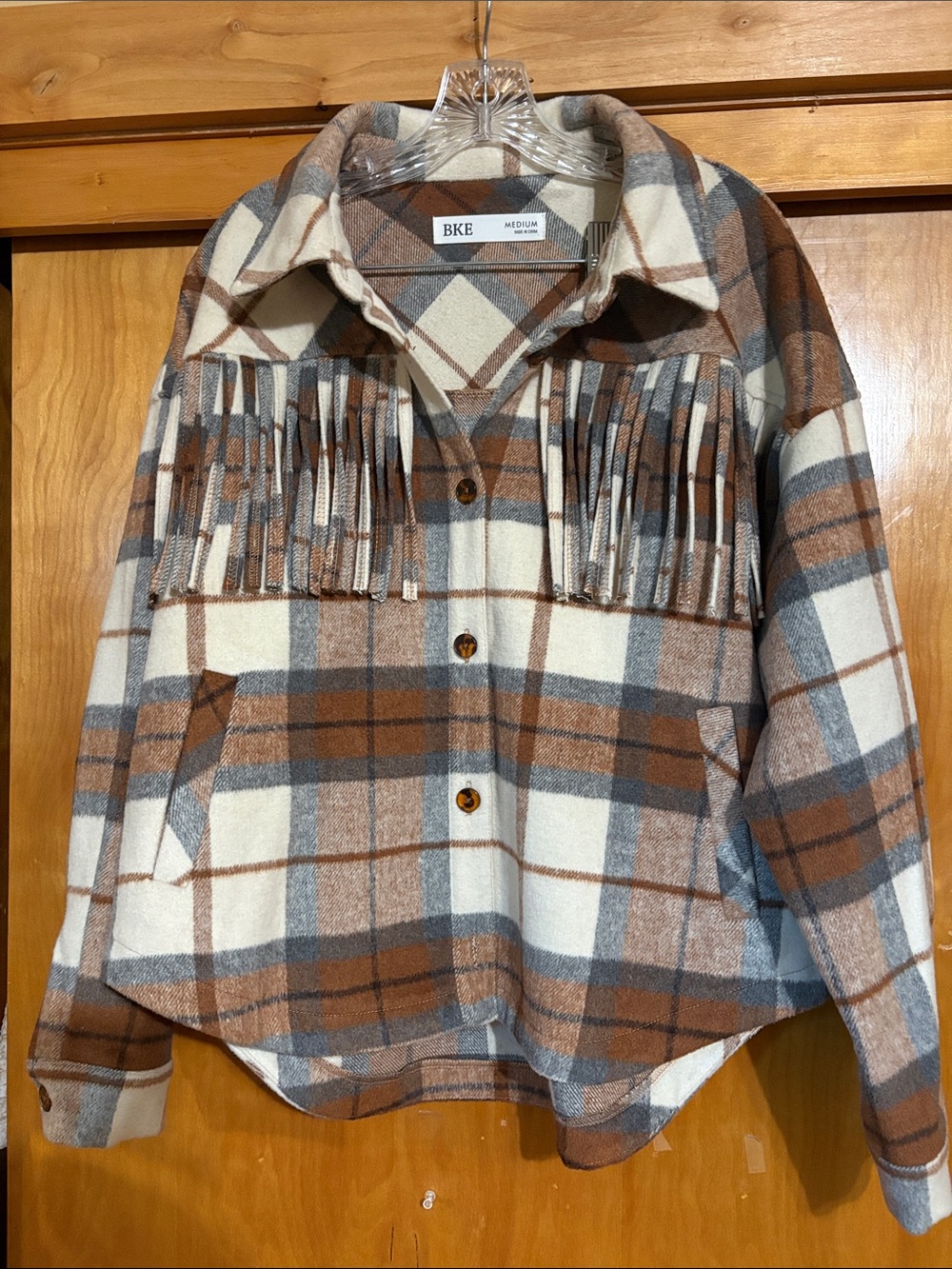 BKE Brown Cream Gray Plaid Fringe Shacket